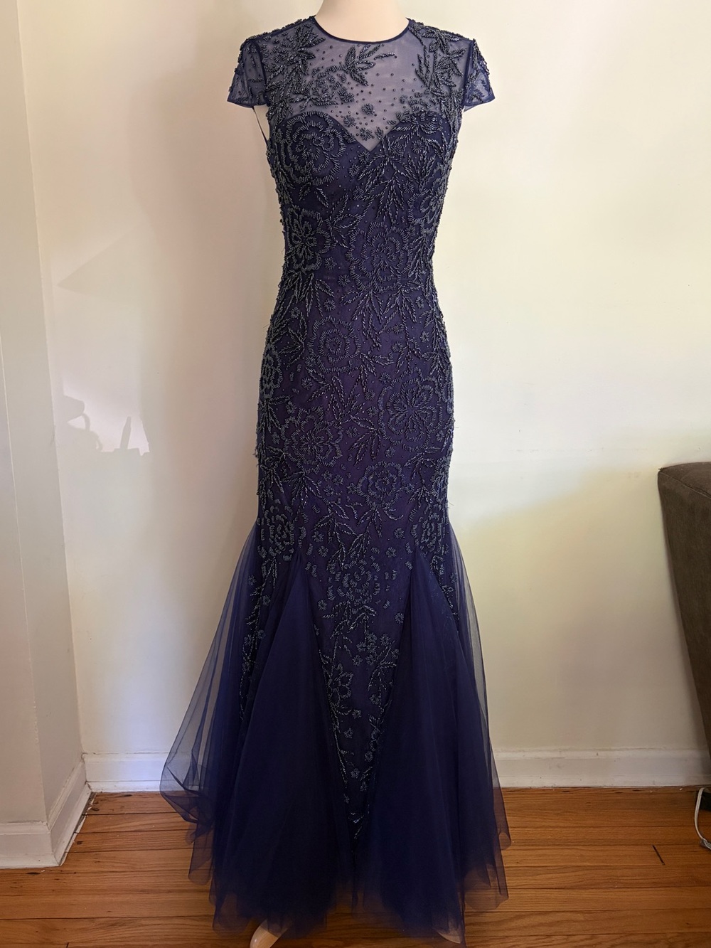 Sherri Hill Navy Beaded Mermaid Gown